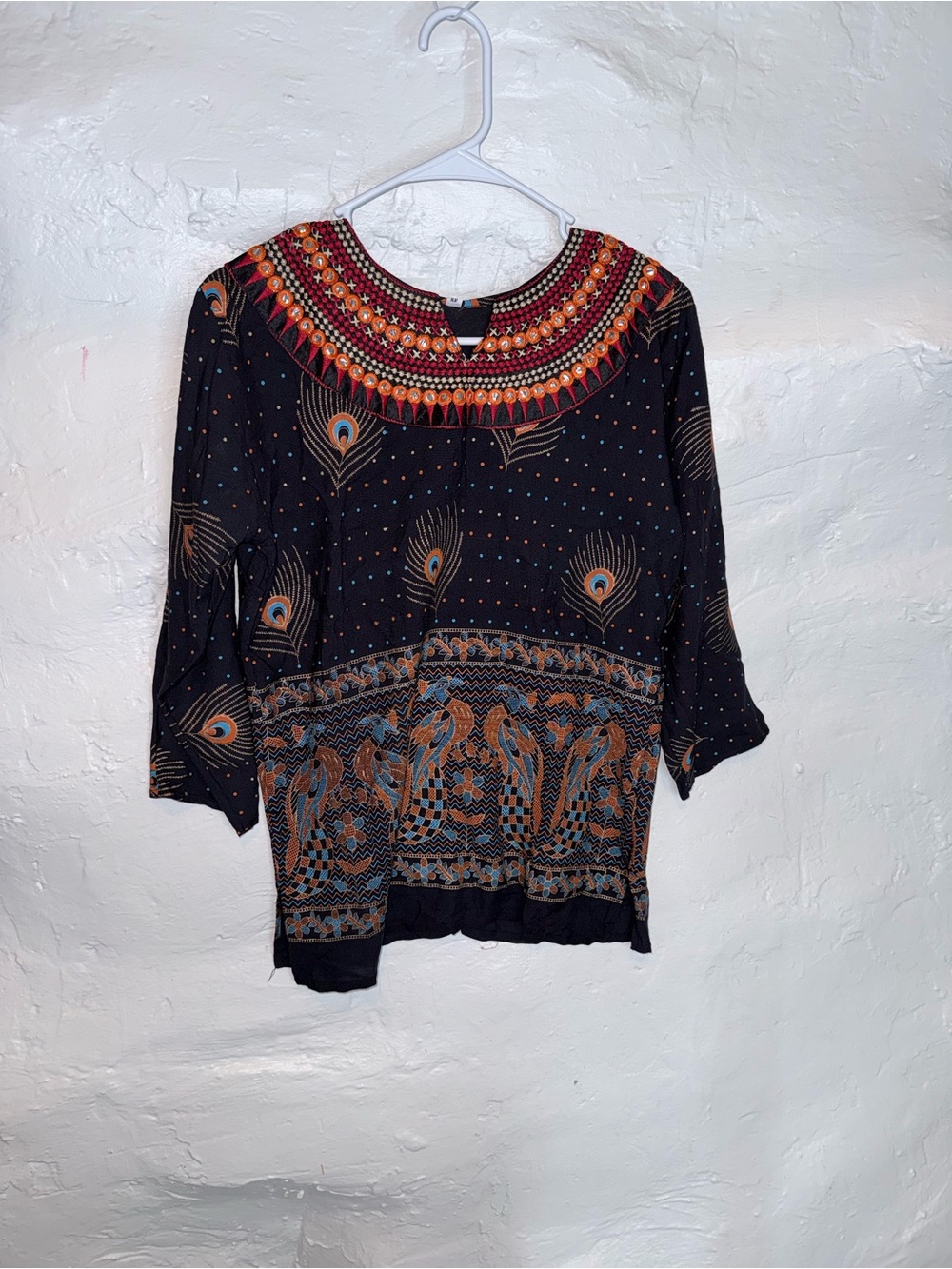Black Peacocks Printed Women's Tunic with Embellished Neckline